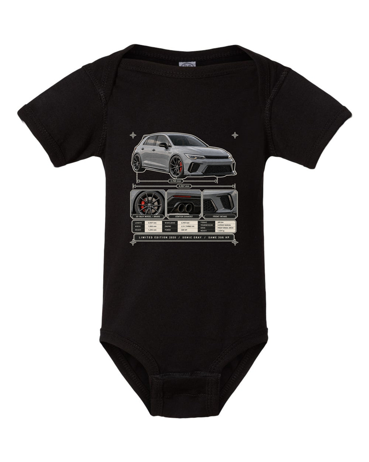 Dossier panel print of a Sonic Gray Pearl Honda Civic Type R FK8 Limited Edition black baby onesie front view with the design