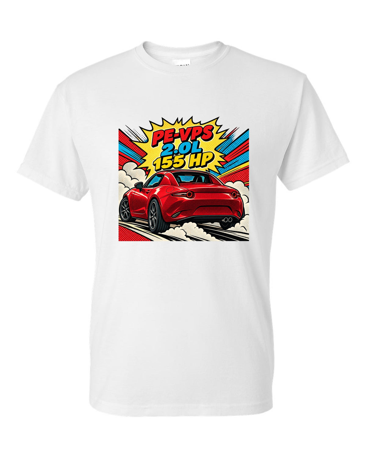 Comic halftone pop art Mazda MX-5 ND RF with PE-VPS 2.0L 155 HP spec line white t-shirt front view with the design