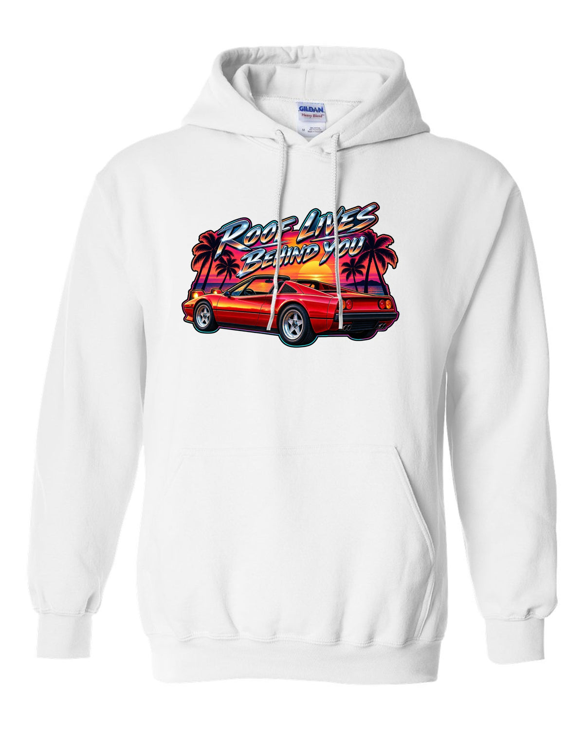 1980s airbrush style print of a Ferrari 308 GTS targa at sunset with palm trees white pull over hoodie front view with the design