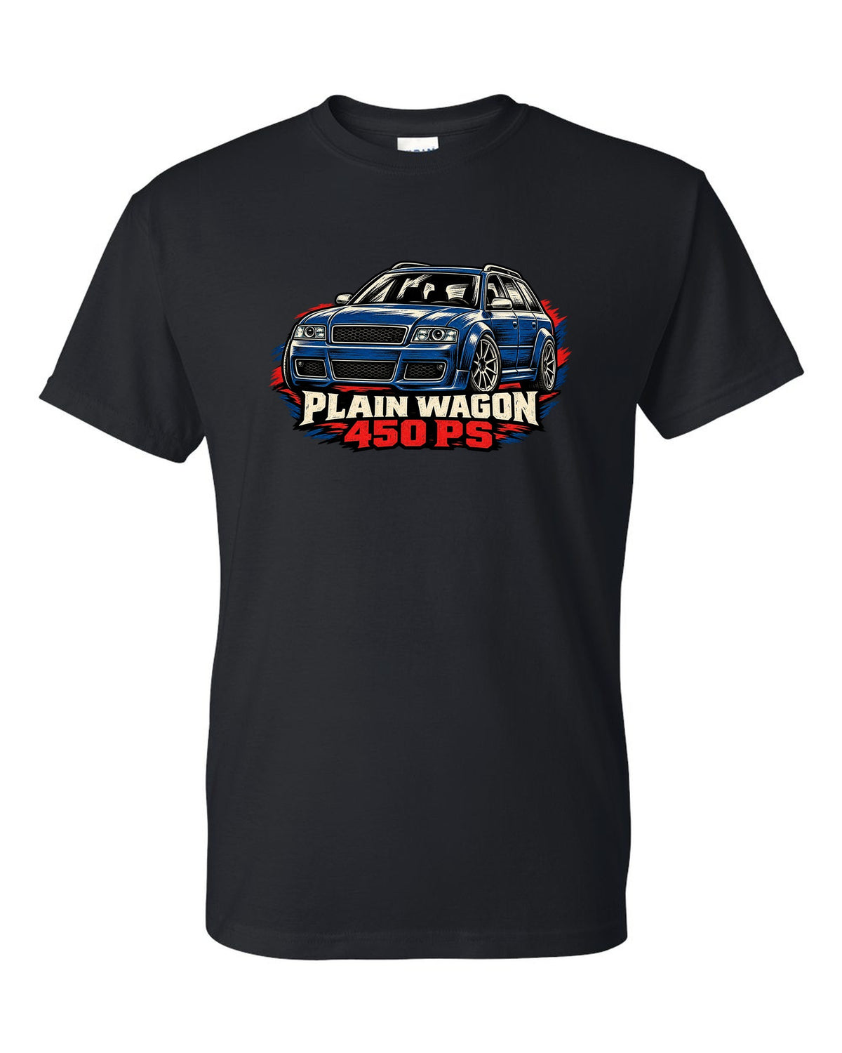 Linocut woodcut design of the Audi RS6 Avant C5 4B with plain wagon and 450 PS lettering black t-shirt front view with the design