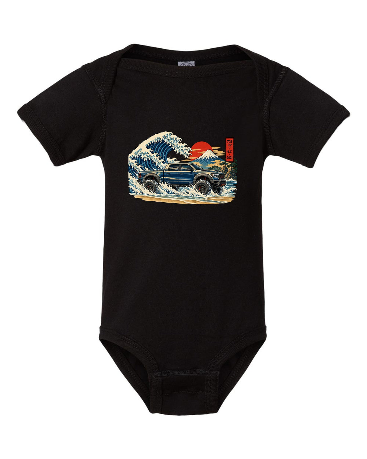 Ukiyo-e great wave woodblock print of a 2021-2024 Ram 1500 TRX with 702 HP 6.2 2021 text black baby onesie front view with the design