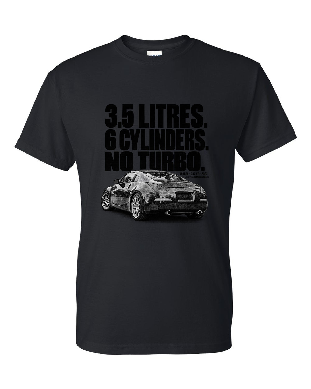 Halftone print of a Nissan 350Z Z33 rear three-quarter with VQ35DE 287 HP text black t-shirt front view with the design