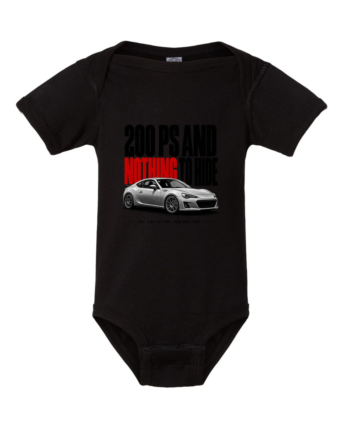 Halftone print for the Subaru BRZ ZC6 tS reading 200 PS and nothing to hide, 2.0L flat-four, rear-wheel drive black baby onesie front view with the design