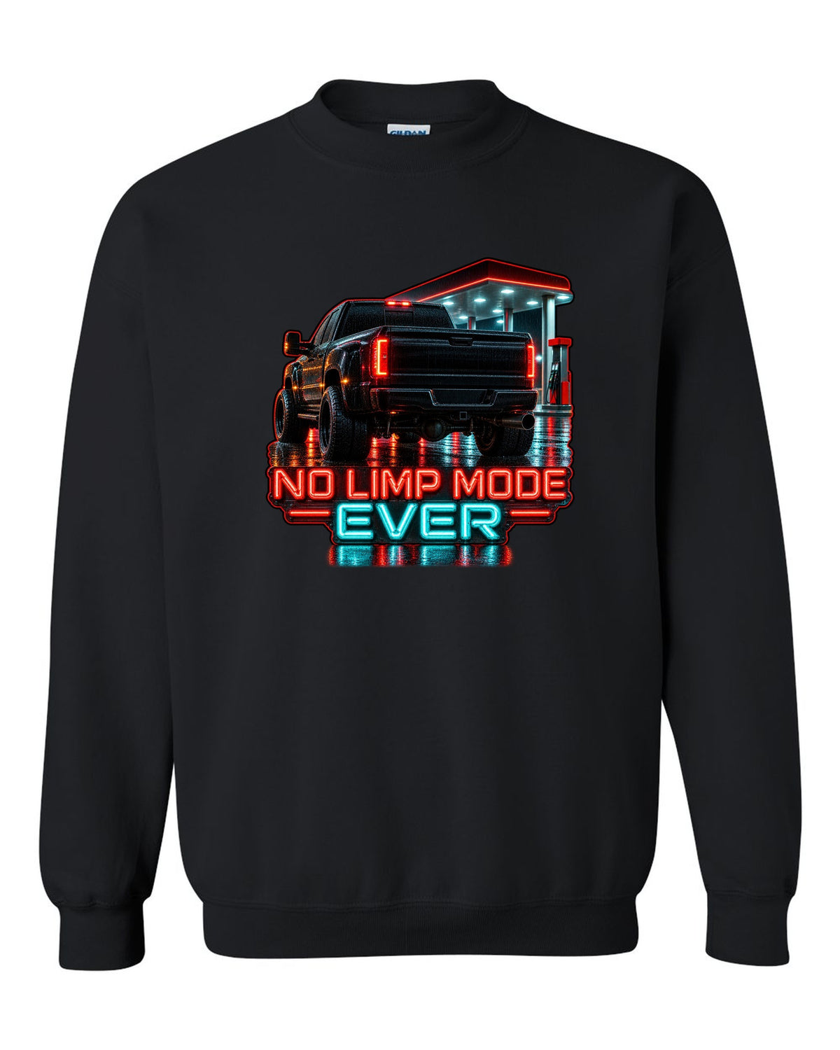 Photoreal night garage taillight print of a 1994-1998 Dodge Ram 2500 12V Cummins with No Limp Mode Ever text black crewneck front view with the design