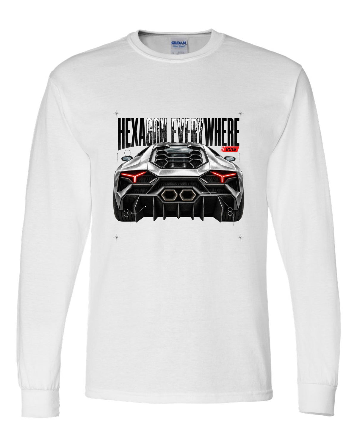 Detail macro print of a Lamborghini Huracan Evo LP640-4 with Hexagon Everywhere text white long sleeve front view with the design