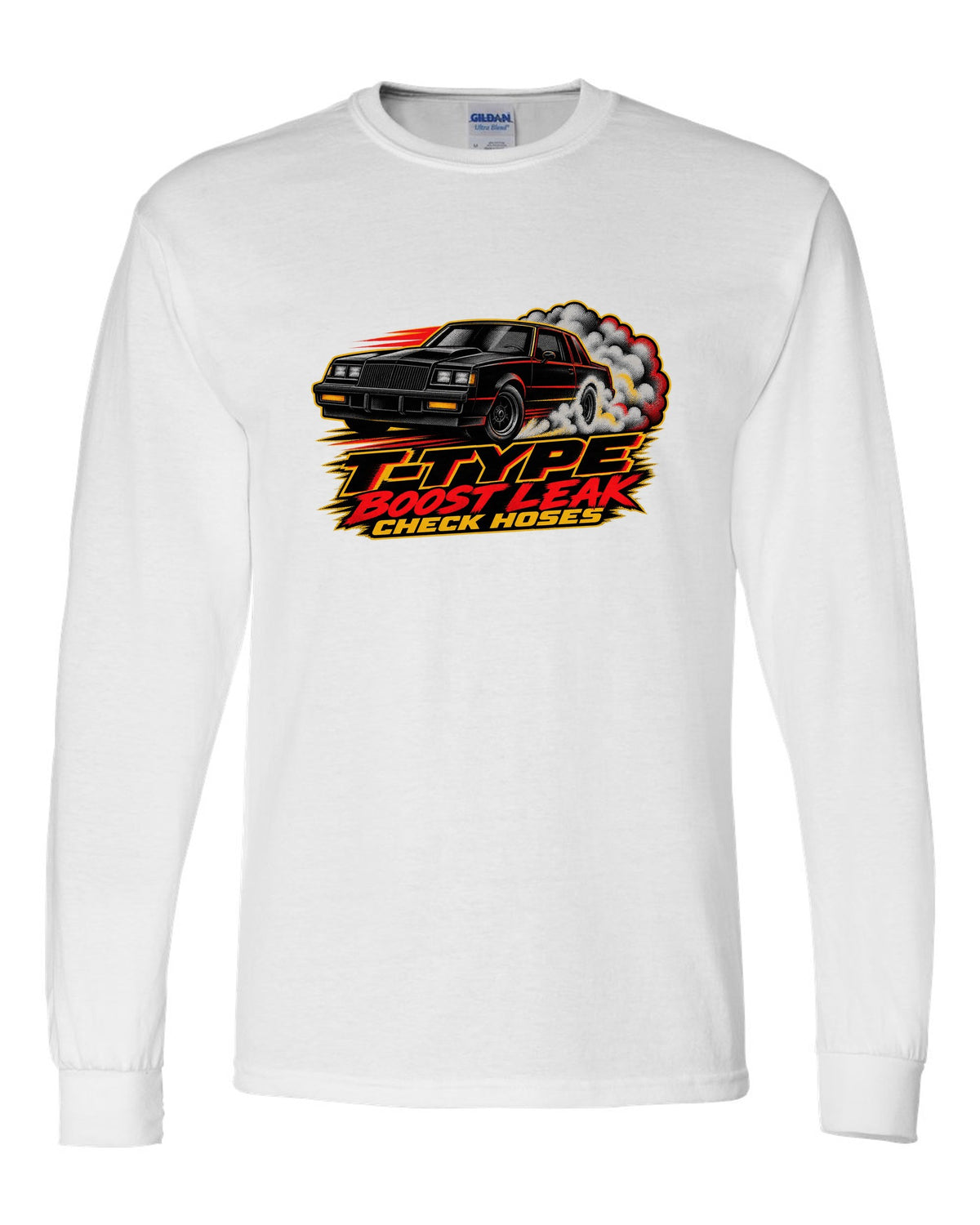 1986 Buick Regal T-Type G-body burnout in halftone screenprint style white long sleeve front view with the design