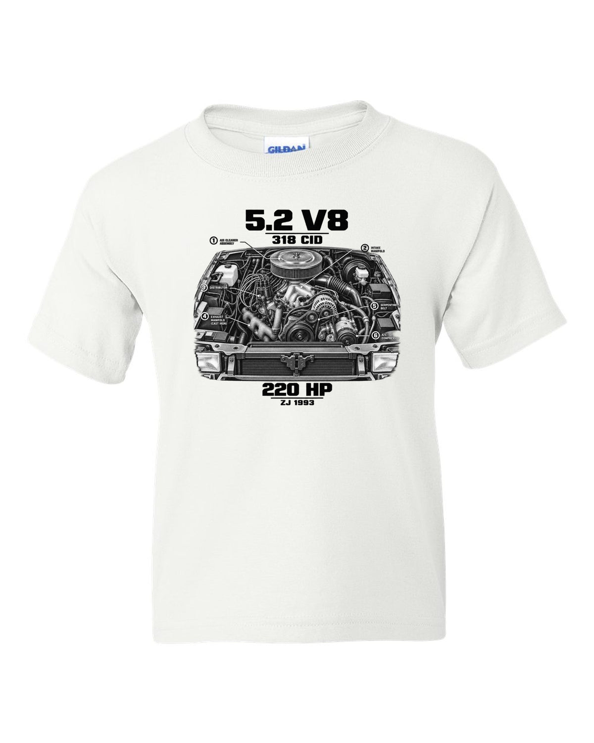 Jeep Grand Cherokee ZJ 5.2 V8 engine print with 318 CID text white kids tee front view with the design