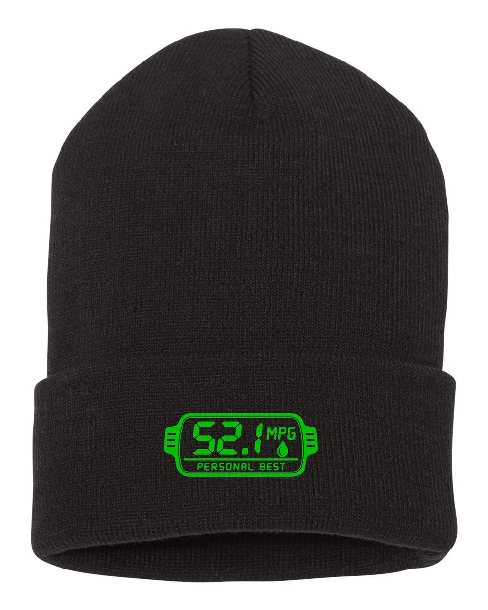 52.1 Mpg Personal Best Funny Car Guy Shirt black beanie front view with car name