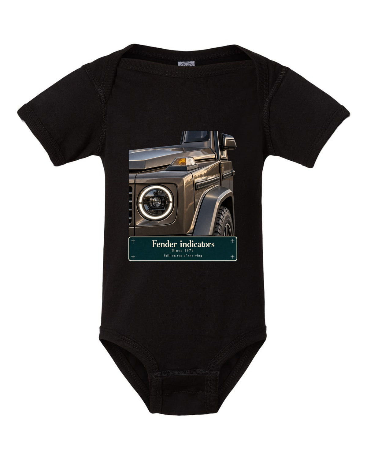 Round fender lamp macro print of a Mercedes-AMG G63 W463A black baby onesie front view with the design