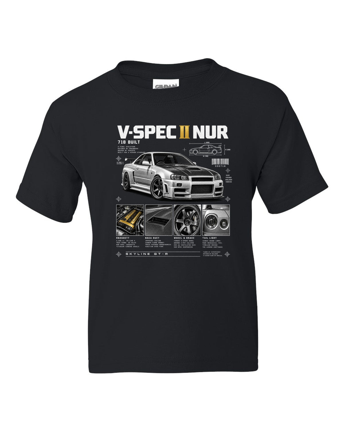 Dossier panels of a Nissan Skyline GT-R R34 V-Spec II Nur with 718 built and gold cam covers lettering black kids tee front view with the design