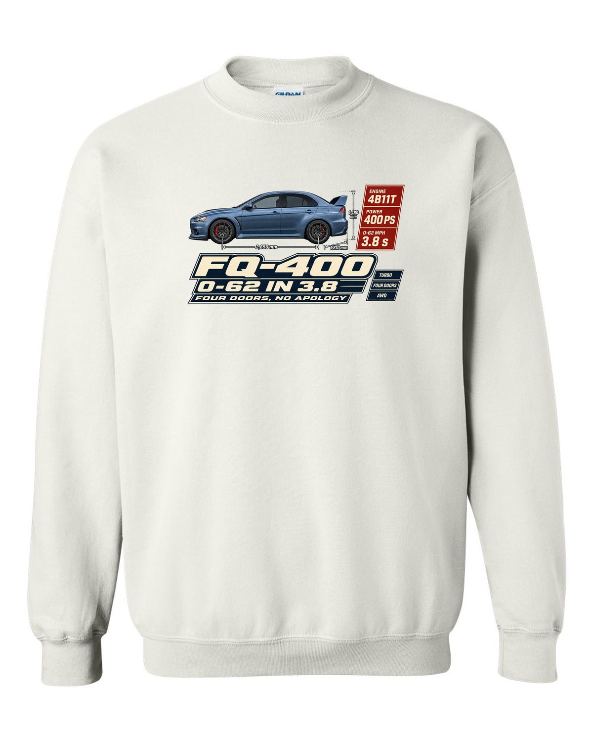 Evo X FQ-400 Spec Poster Tee, 0-62 in 3.8, Four Doors white crewneck front view with the design