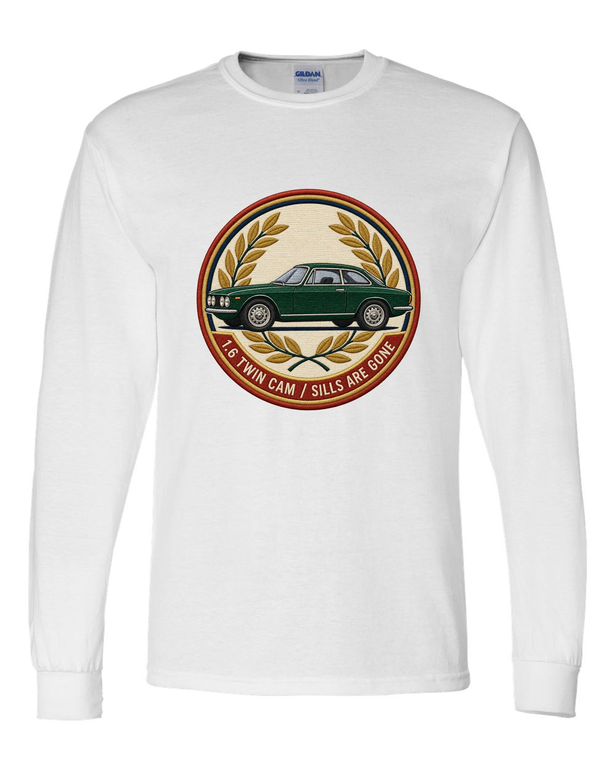 Embroidery style varsity crest for an Alfa Romeo Giulia Sprint GT 105 with 1.6 twin cam white long sleeve front view with the design