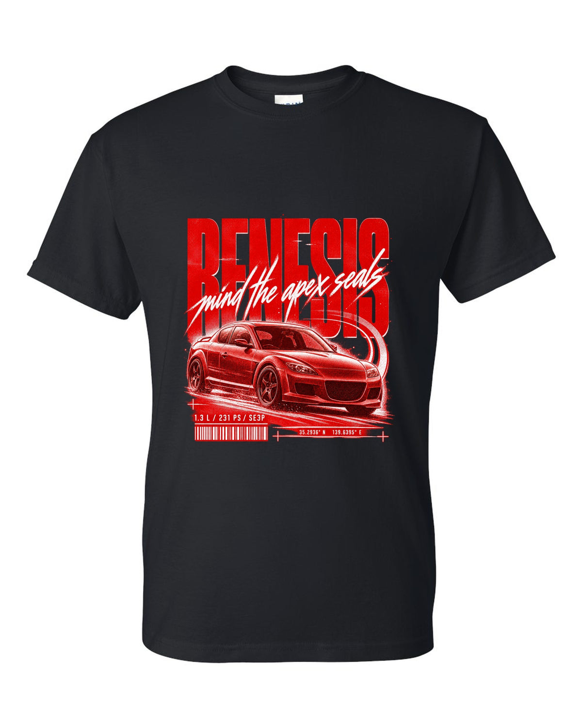 Street poster print of a Mazda RX-8 SE3P Series 1 with Renesis lettering black t-shirt front view with the design