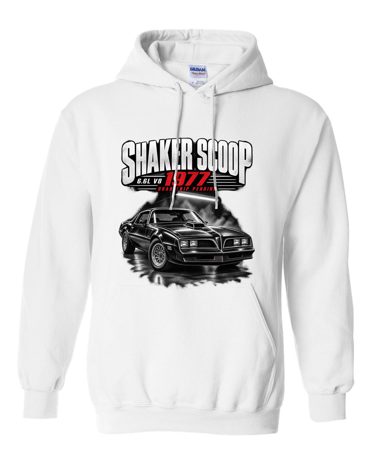Garage night print of a 1977 Pontiac Firebird Trans Am with shaker scoop white pull over hoodie front view with the design