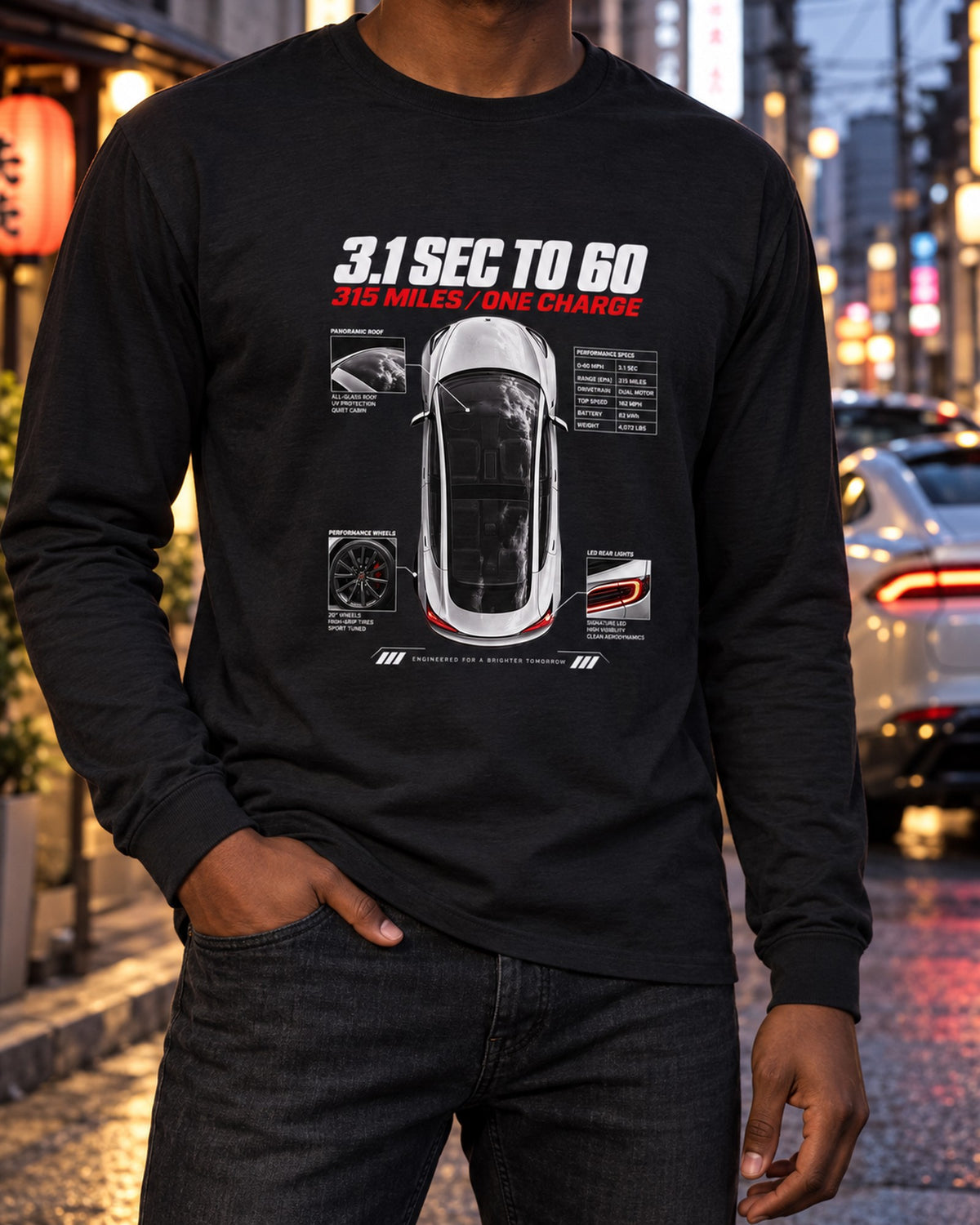 Tesla Model 3 Performance Top-Down Spec Poster Shirt Long Sleeve Black worn hero