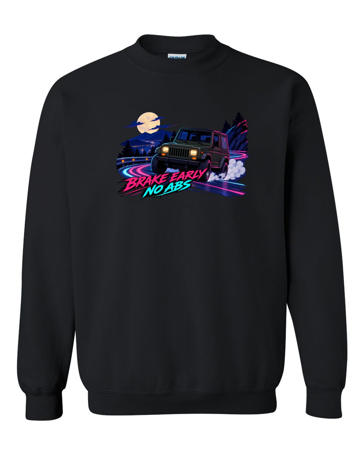 Cel-shaded anime night touge print of a Jeep Wrangler YJ with no ABS text black crewneck front view with the design