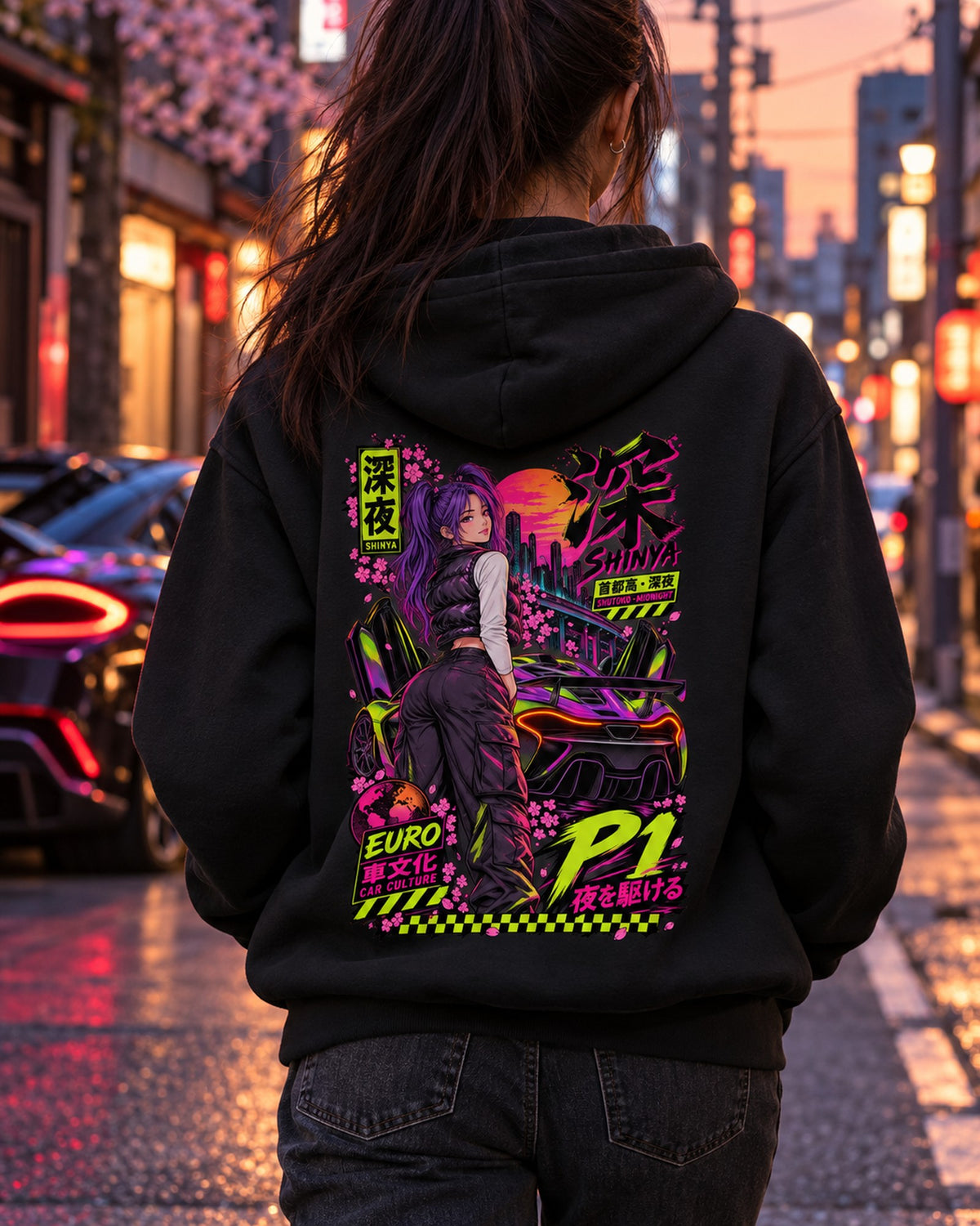 SHINYA P1 Anime Girl Full-Back Graphic Tee Pull Over Hoodie Black worn hero