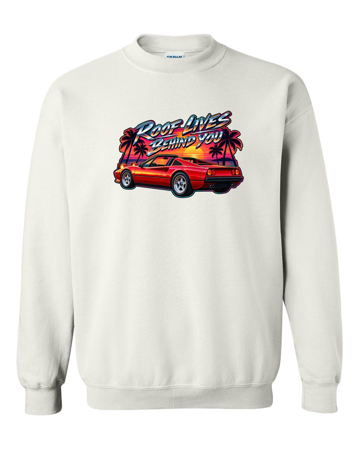 1980s airbrush style print of a Ferrari 308 GTS targa at sunset with palm trees white crewneck front view with the design