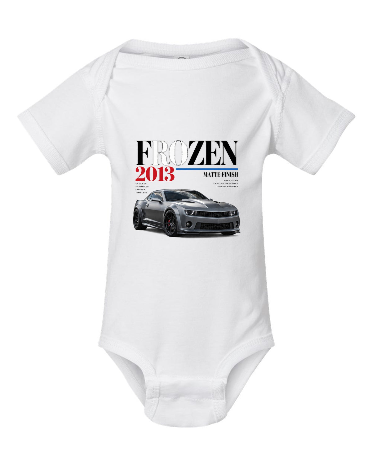 BMW E92 M3 Frozen Edition editorial print with matte finish headline white baby onesie front view with the design