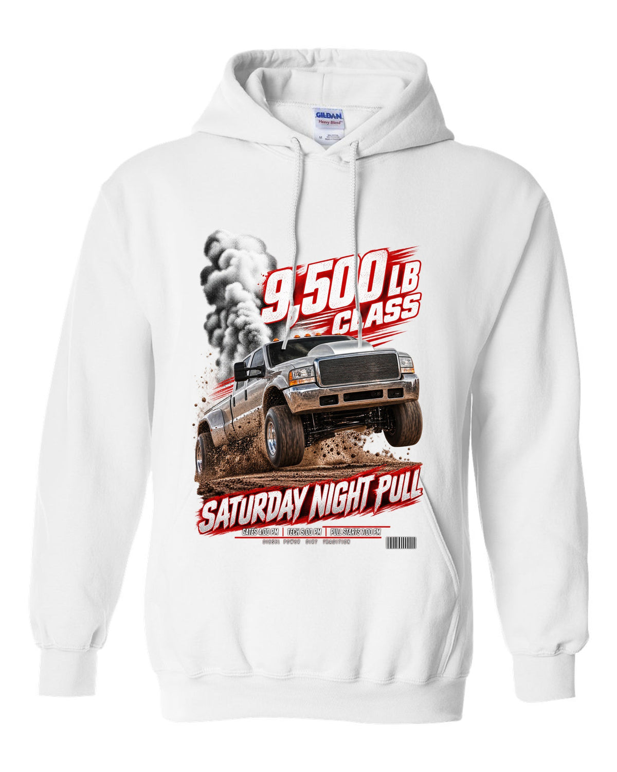 Race poster of a 1998.5-2002 Ram 2500 24V with the text 9,500 lb class, Saturday night pull white pull over hoodie front view with the design