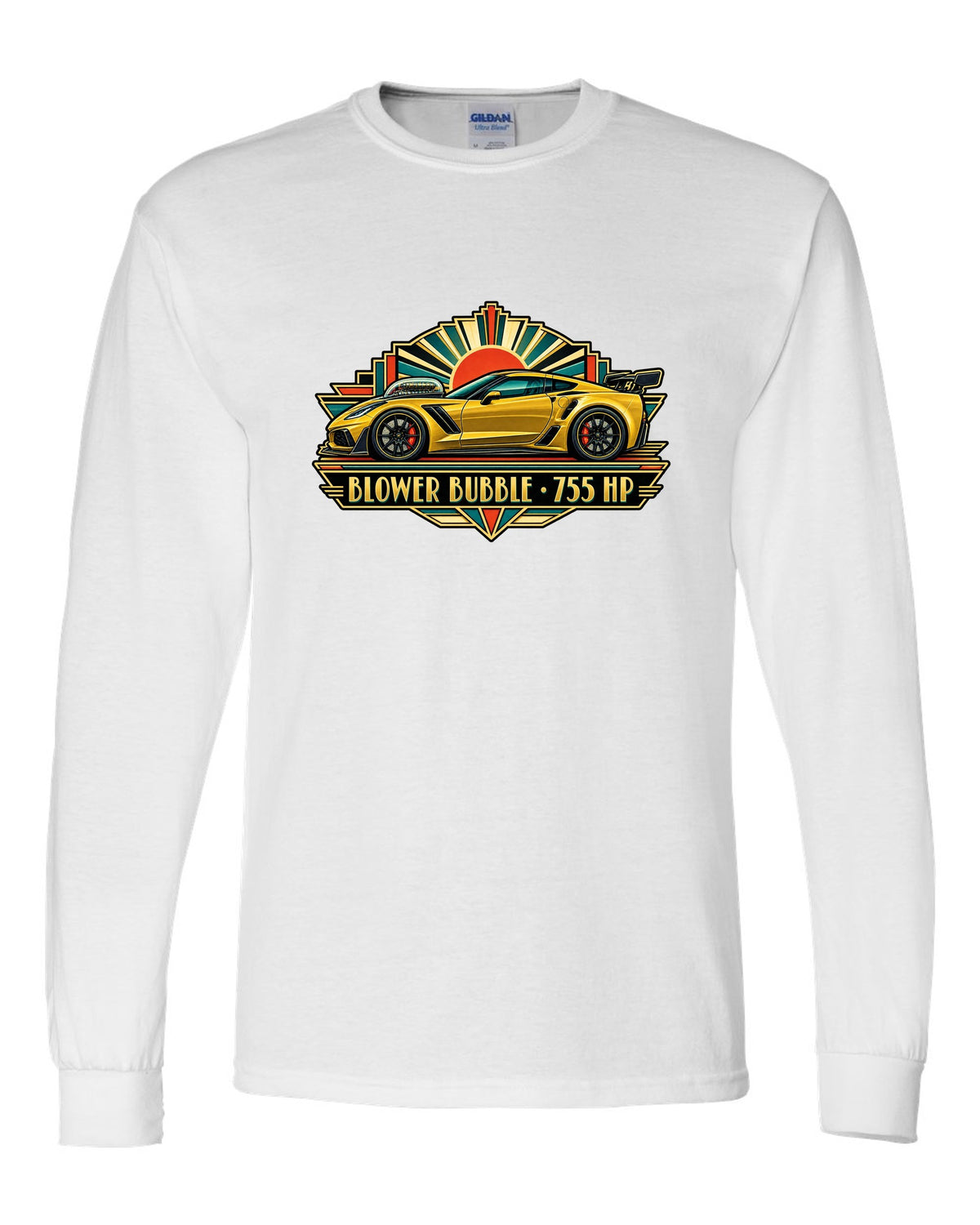Art deco racing poster print of a 2019 Chevrolet Corvette C7 ZR1 with 755 HP blower bubble lettering white long sleeve front view with the design