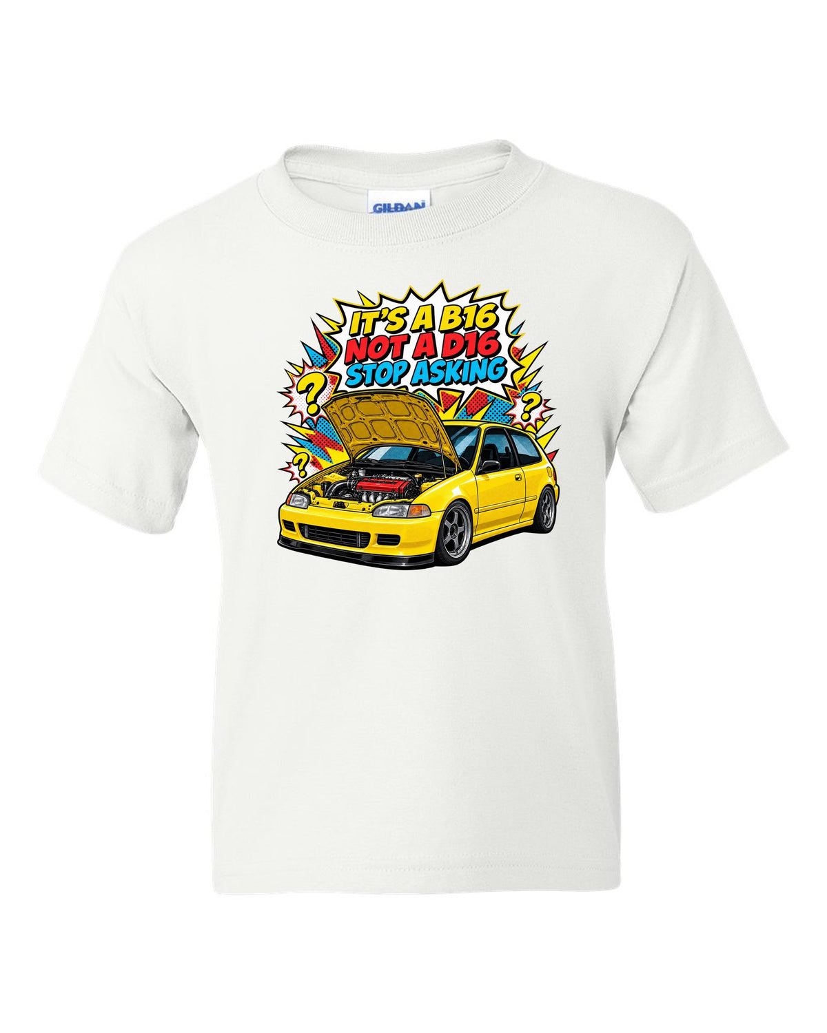 Comic action burst print of a 1992 Honda Civic EG6 ch with it's a B16 not a D16 text white kids tee front view with the design