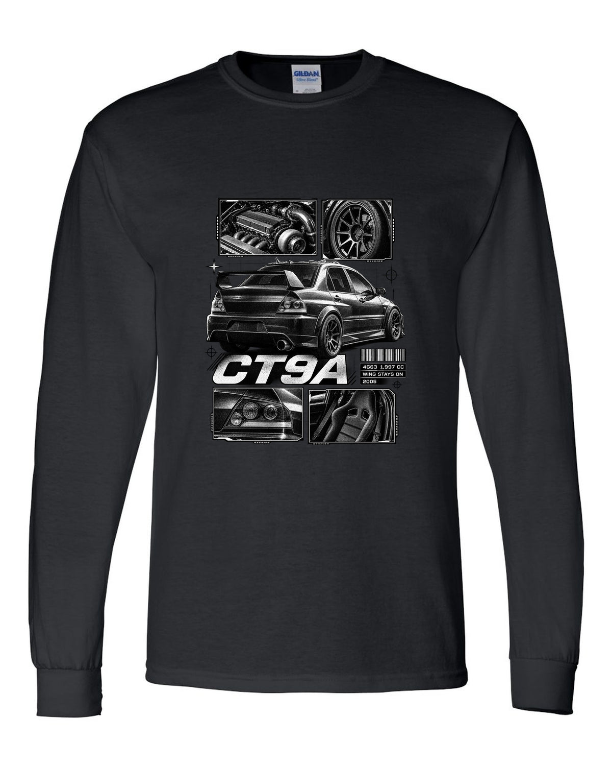 Dossier panel print of a Mitsubishi Lancer Evolution VIII IX CT9A black long sleeve front view with the design