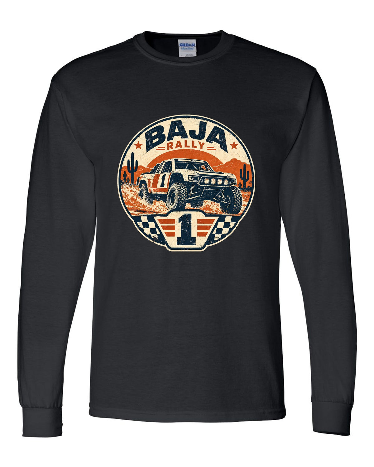 Stencil street-art of a 2022 Ford Bronco off-road race truck with 15 PSI AIRED DOWN lettering black long sleeve front view with the design