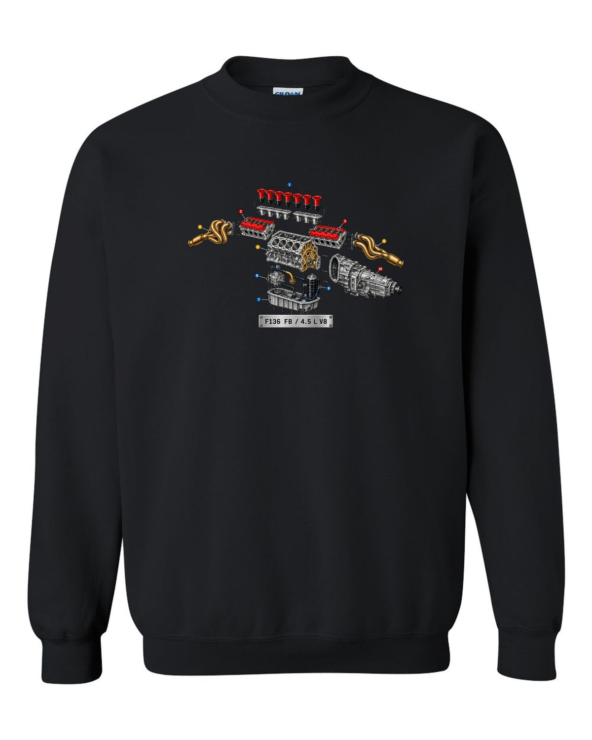 Exploded view of the Ferrari 458 Italia F136 FB V8 with numbered callouts black crewneck front view with the design