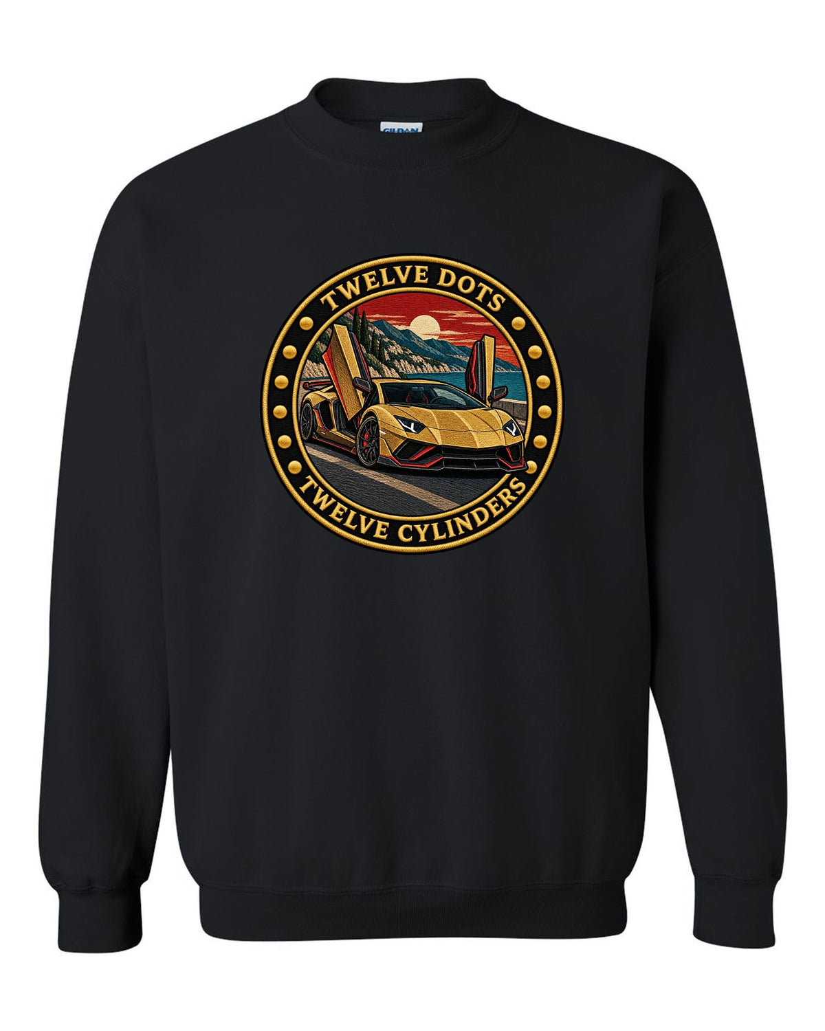 Embroidery-style round crest with a Lamborghini Aventador Ultimae LP780-4 and text TWELVE DOTS / TWELVE CYLINDERS black crewneck front view with the design