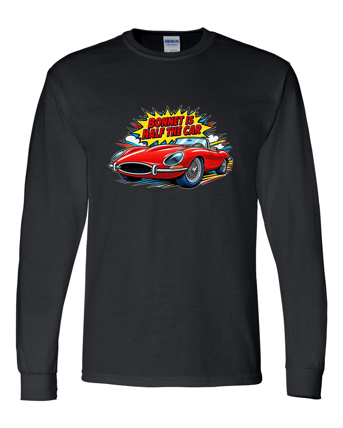 Comic halftone pop art print of a 1961 Jaguar E-Type Series 1 with bonnet is half the car lettering black long sleeve front view with the design