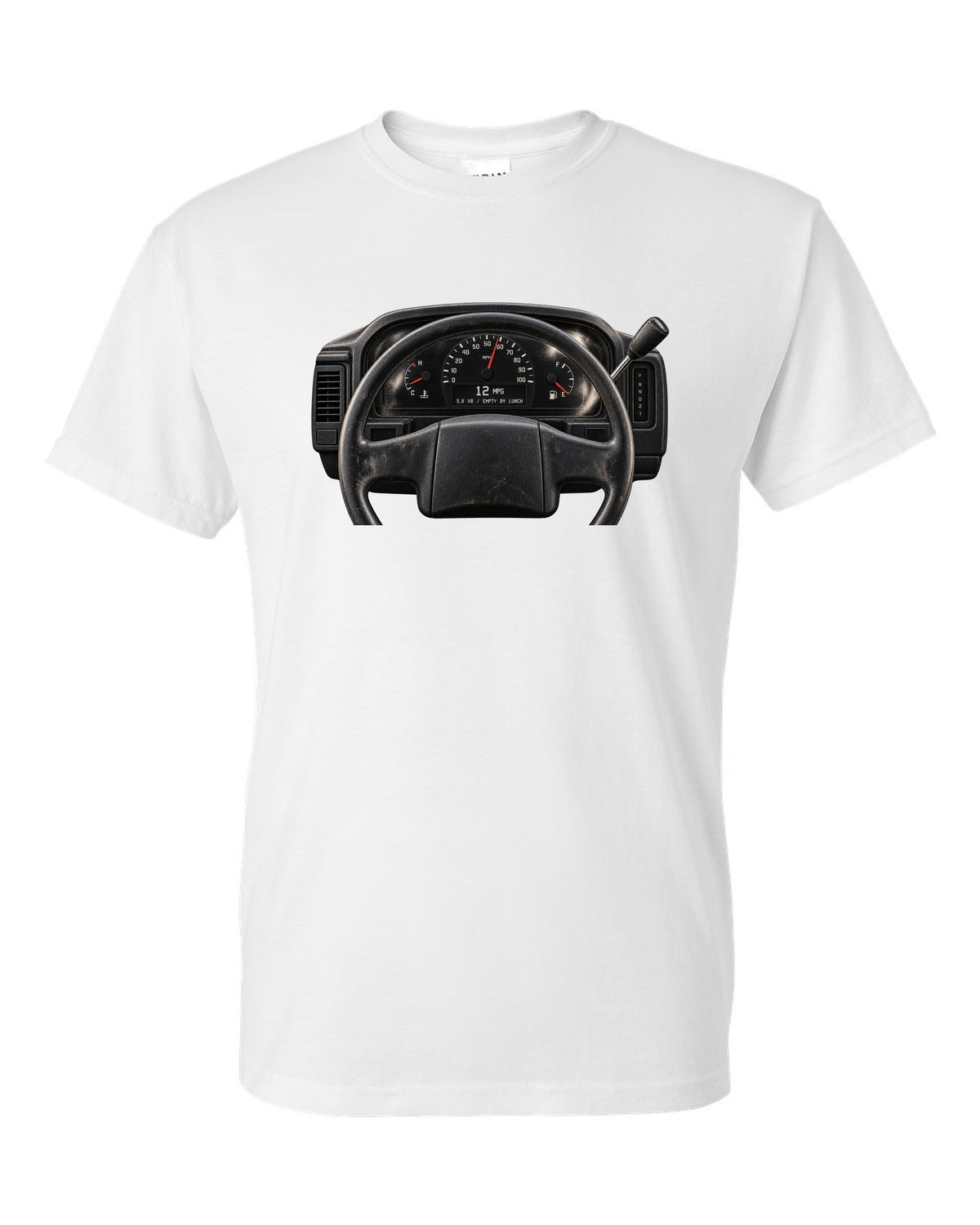 Gauge cluster print of a 1992-96 Ford Bronco OBS with 5.8 V8 and 12 MPG text white t-shirt front view with the design