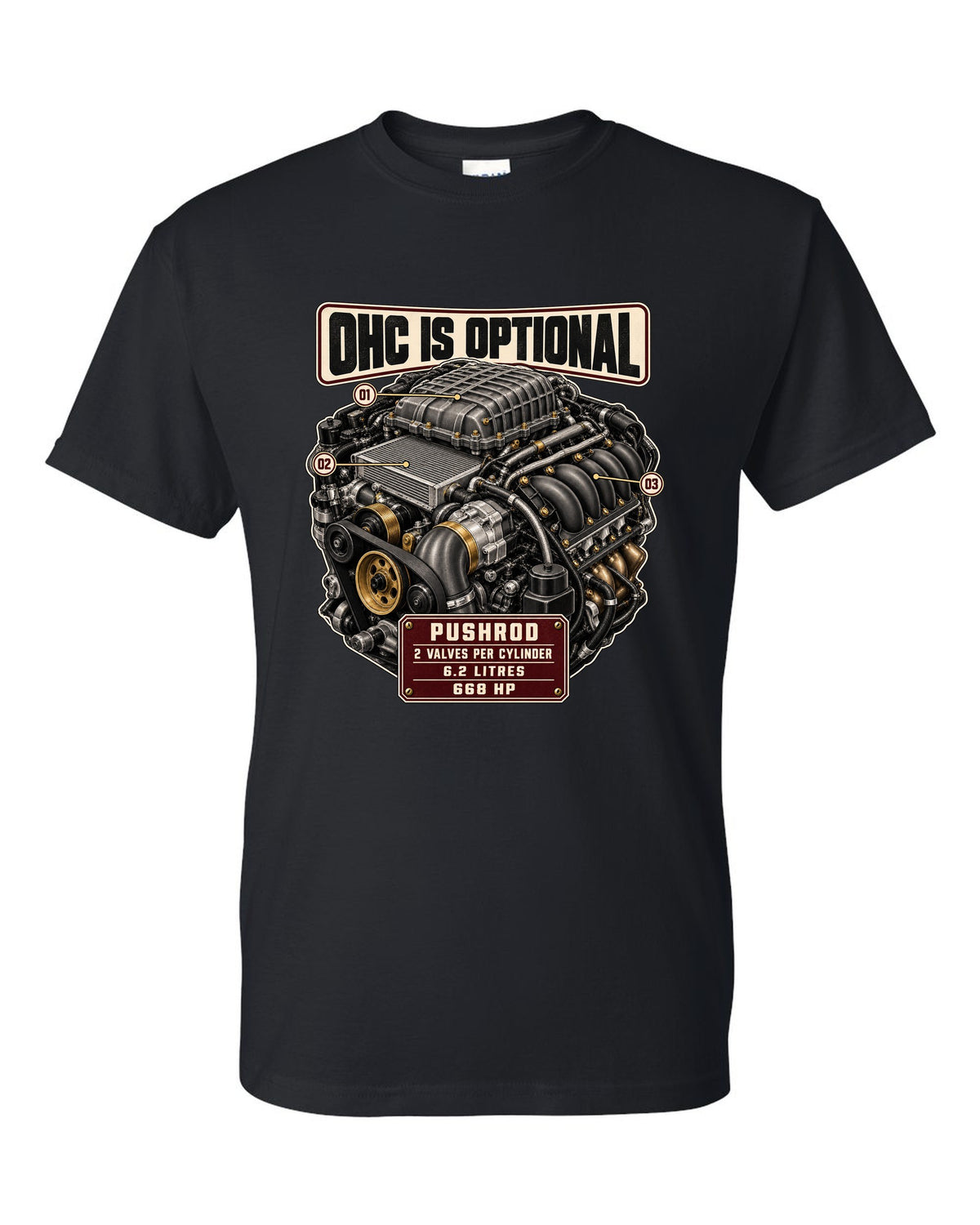 print of the Cadillac LT4 6.2L supercharged V8 engine from the CT5-V Blackwing black t-shirt front view with the design