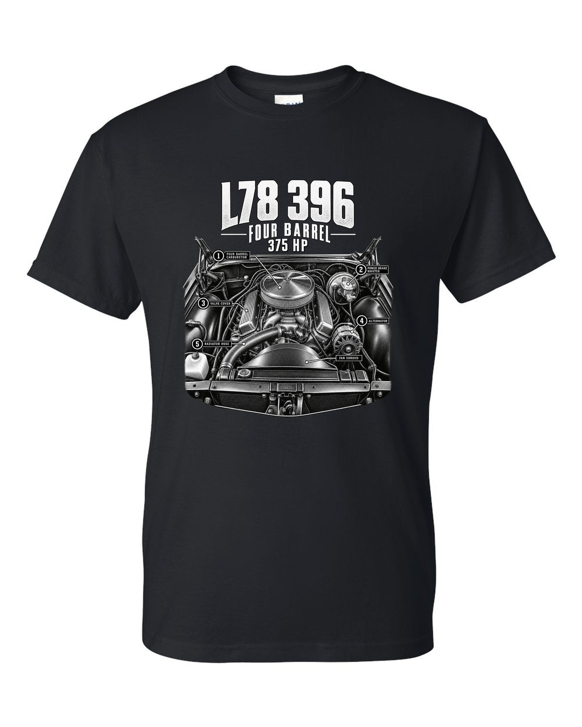 Engine hero print of an L78 396 big block in a 1969 Chevrolet Chevelle SS with 375 hp text black t-shirt front view with the design