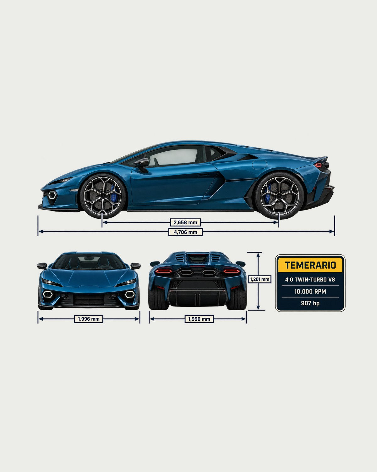 Lamborghini Temerario Three-View Spec Shirt, Twin-Turbo V8 design only