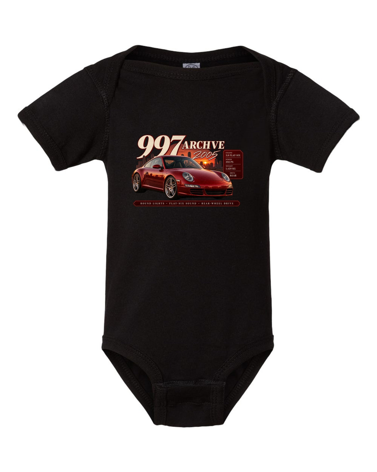Archive panel print of a deep red Porsche 911 Carrera S 997.1 with 3.8 flat-six spec lines black baby onesie front view with the design