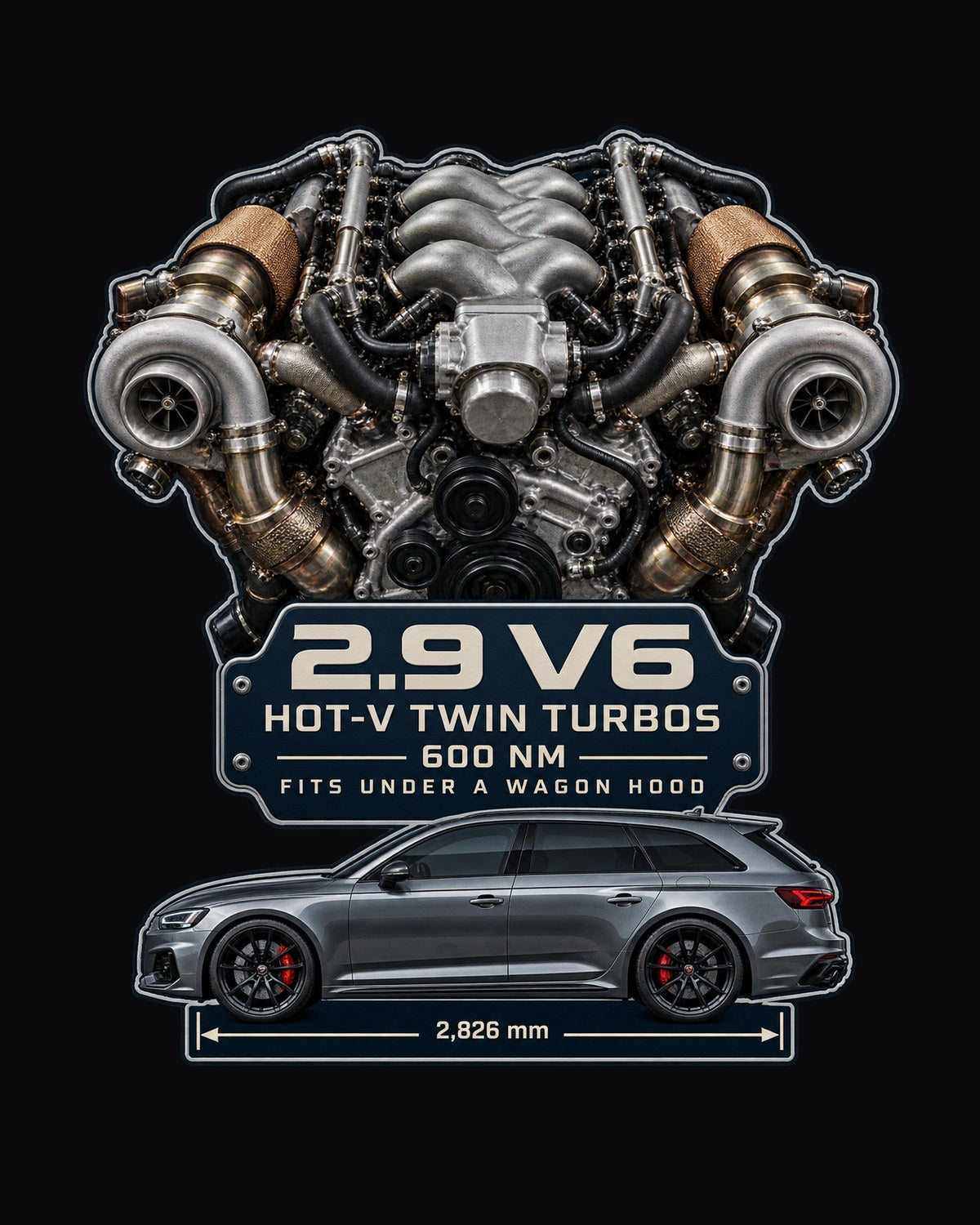 Audi RS4 B9 2.9 TFSI Engine Tee, Hot-V Twin-Turbo V6 design only