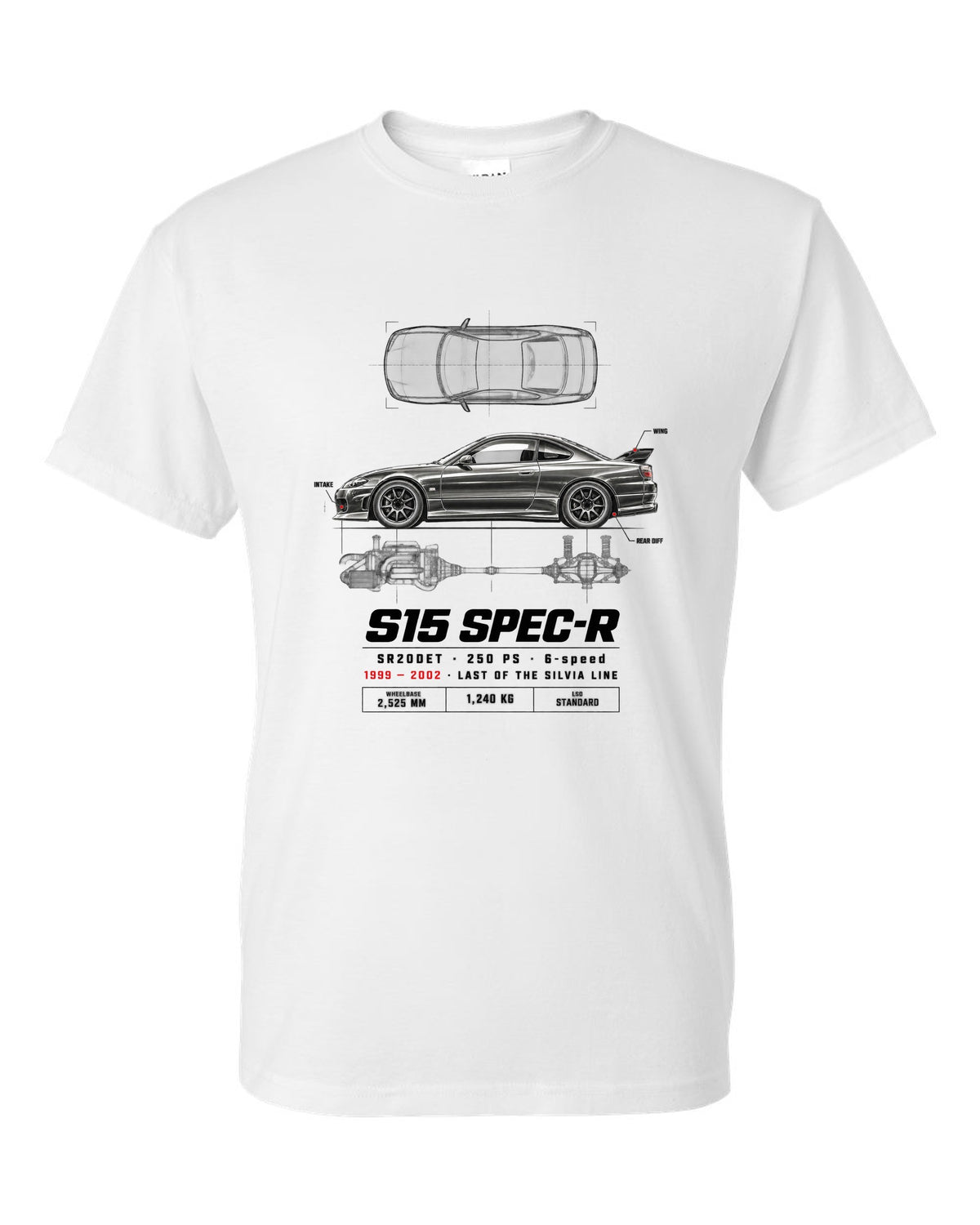 Spec poster print of a Nissan Silvia S15 Spec-R top-down profile with SR20DET data white t-shirt front view with the design