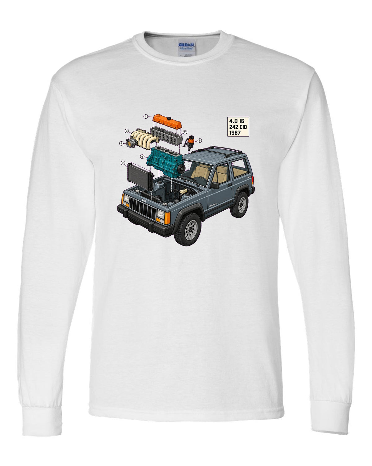 Isometric exploded diagram of a Jeep Cherokee XJ 4.0 inline six engine bay white long sleeve front view with the design