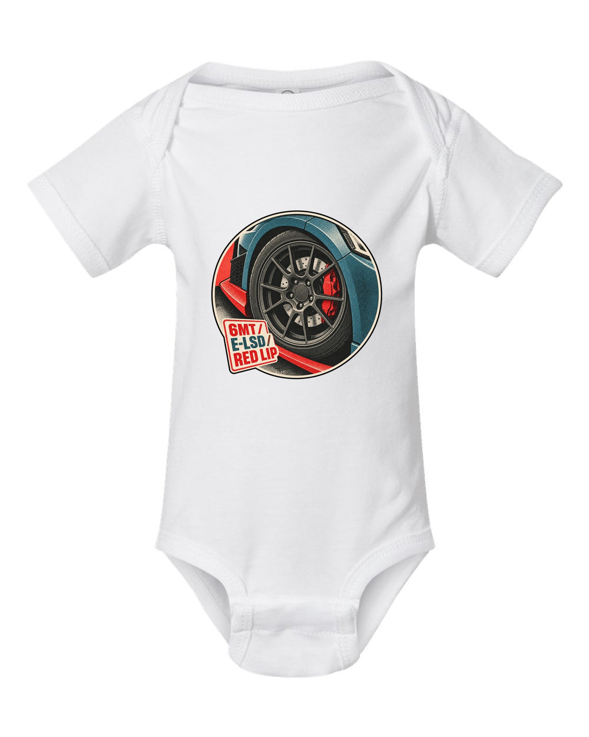 Risograph duotone print of a Hyundai Veloster N JS wheel and red front lip with 6MT E-LSD text white baby onesie front view with the design