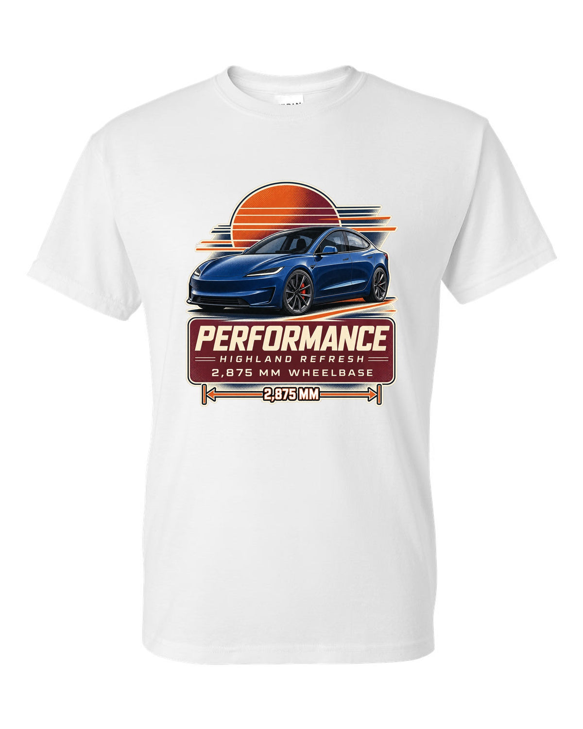 Spec poster print of a Tesla Model 3 Performance Highland refresh white t-shirt front view with the design