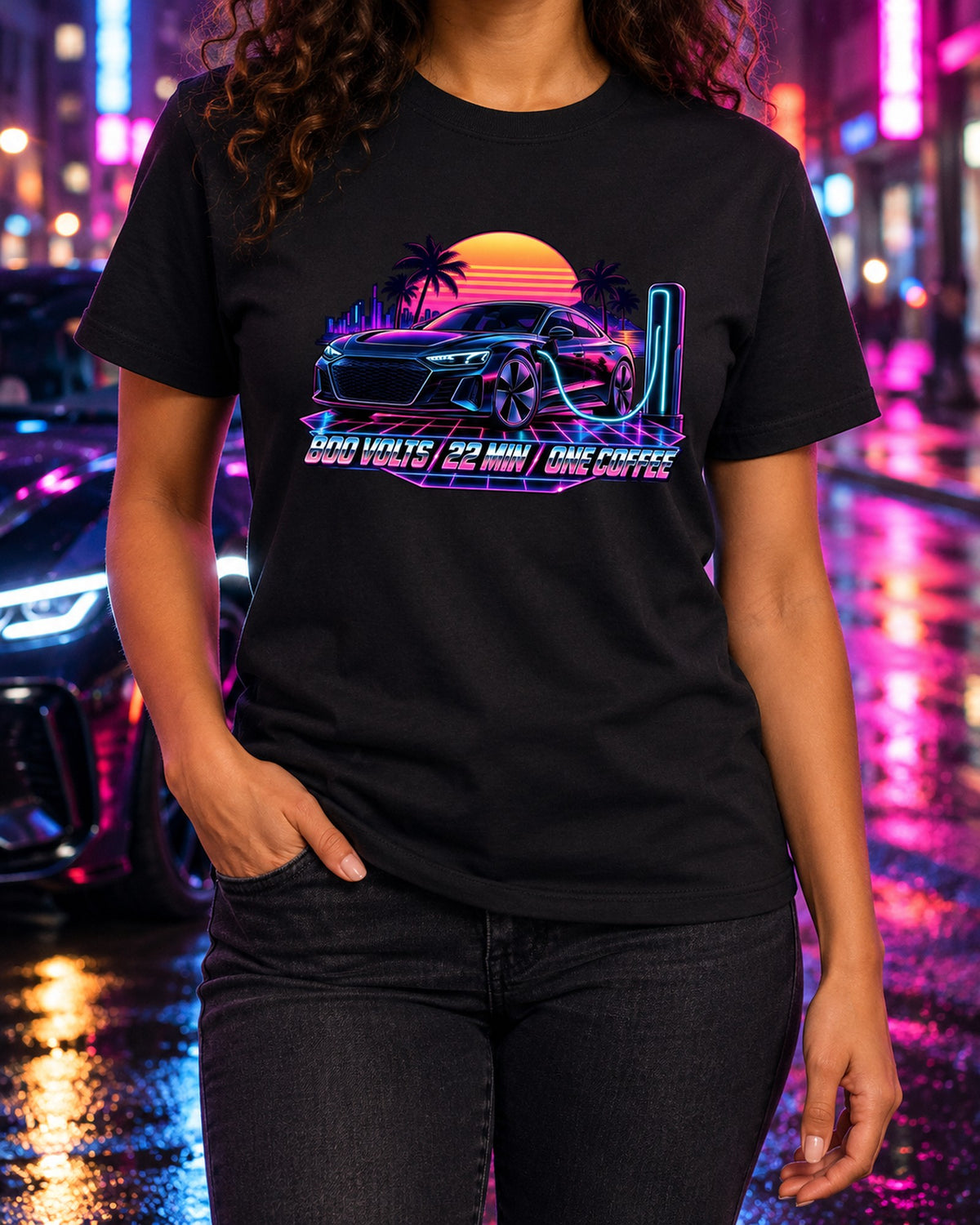 Audi e-tron GT Synthwave Charging Shirt, EV Car Guy Gift T-Shirt Black worn hero