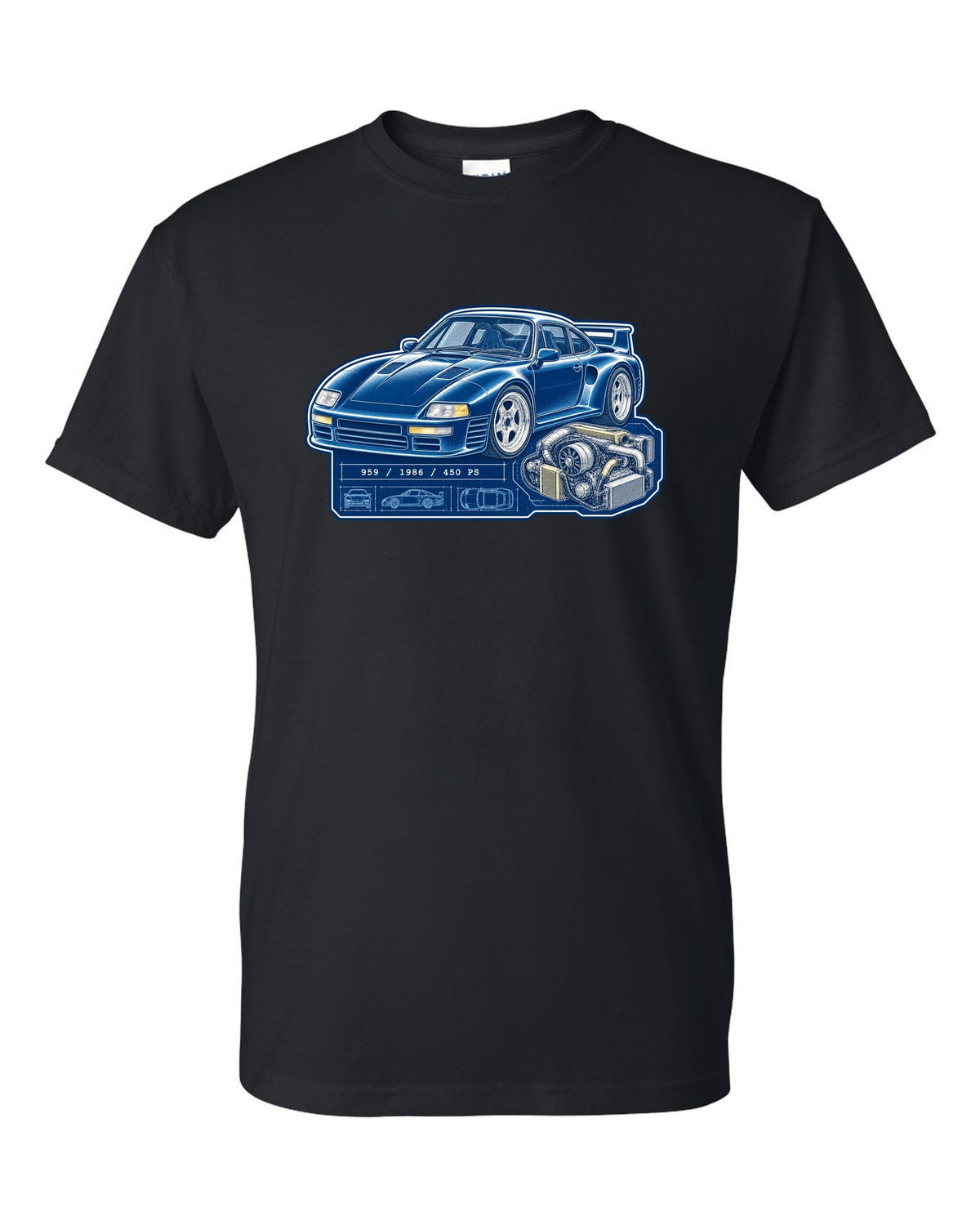 Porsche 959 cyanotype blueprint design with 1986 and 450 PS lettering black t-shirt front view with the design