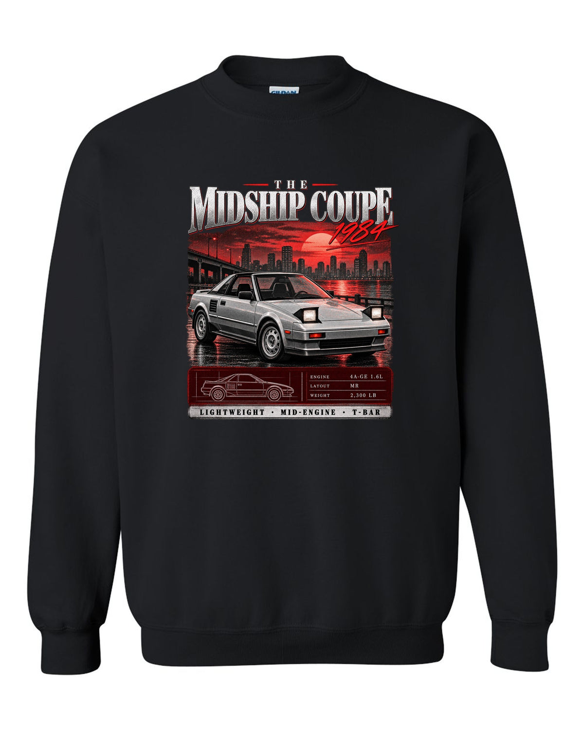 Archive panel print of a Toyota MR2 AW11 with the text The Midship Coupe 1984 black crewneck front view with the design