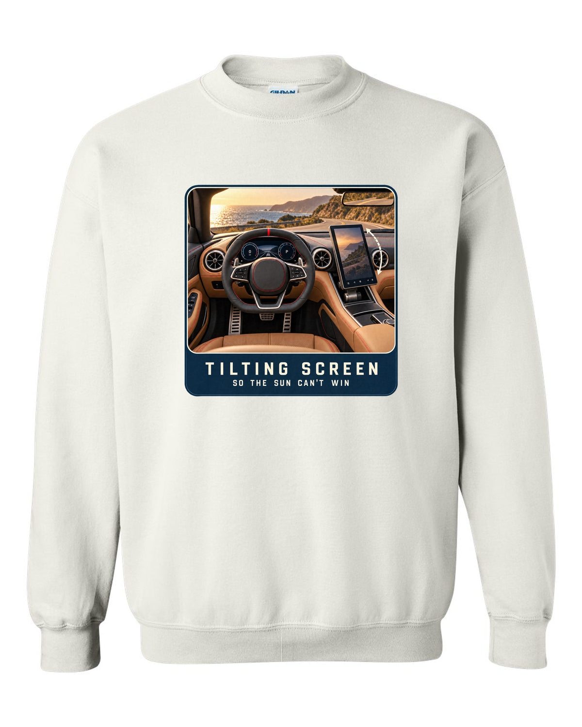 Mercedes-AMG SL63 R232 cockpit driver view with tilting central screen print white crewneck front view with the design