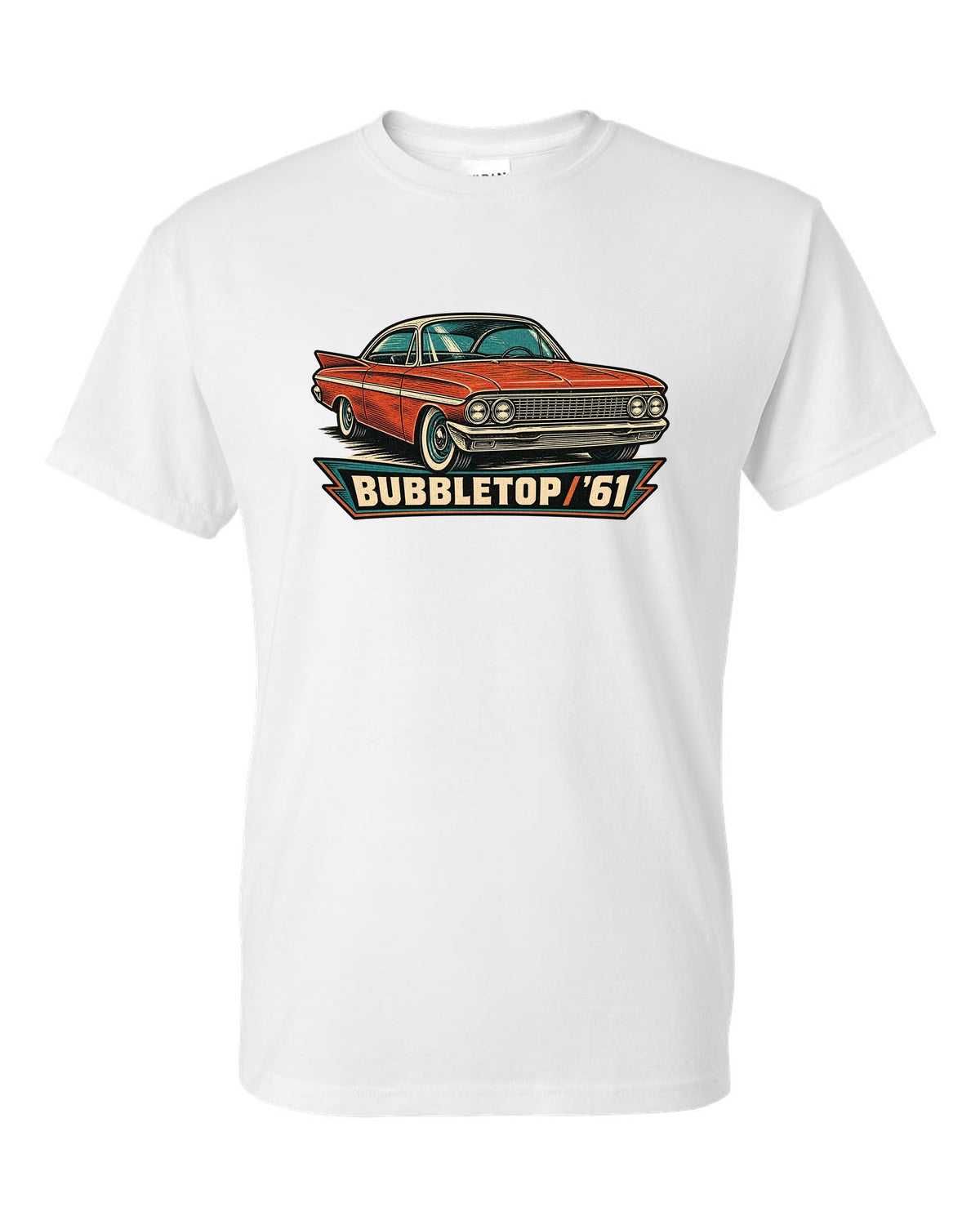 1961 Chevrolet Impala Sport Coupe bubbletop in linocut style with text Bubbletop '61 white t-shirt front view with the design