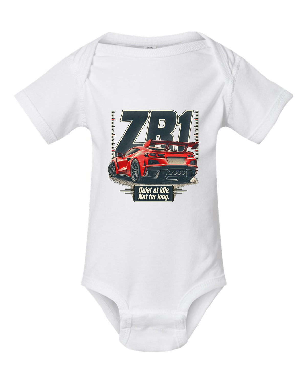 Halftone print of a Chevrolet Corvette C8 ZR1 with a quiet at idle statement white baby onesie front view with the design