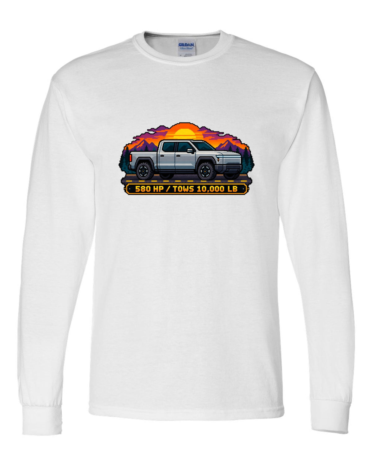 Ford F-150 Lightning 16-bit pixel art print with 580 HP and 10,000 lb towing text white long sleeve front view with the design