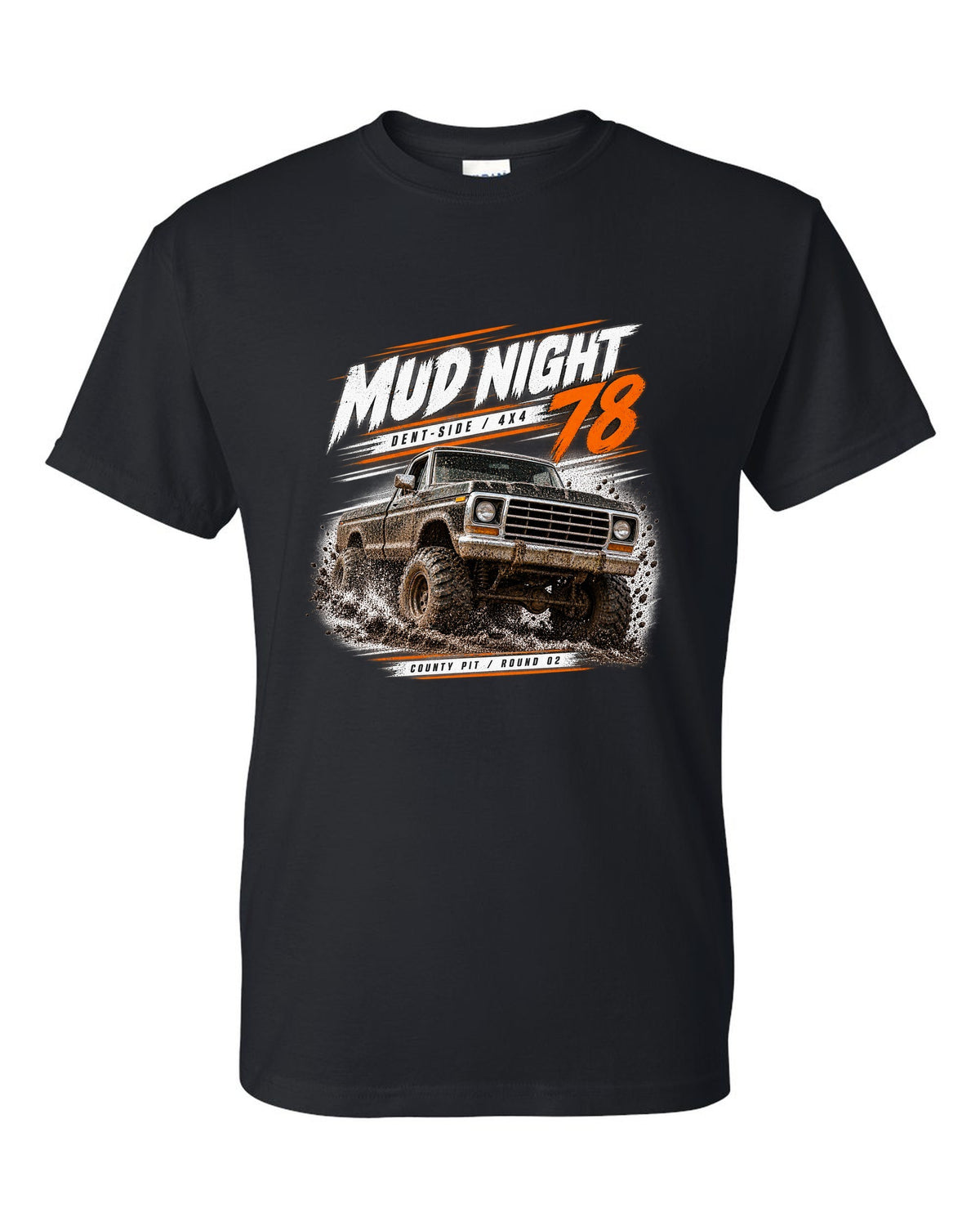 Ford F-150 Dent-Side 1973-79 4x4 Mud Night Race Poster Tee black t-shirt front view with the design