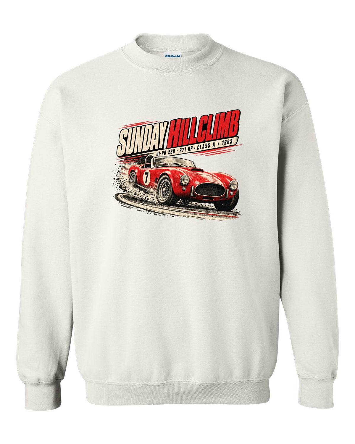 Race poster print of a 1963 289 roadster at a Sunday hillclimb white crewneck front view with the design